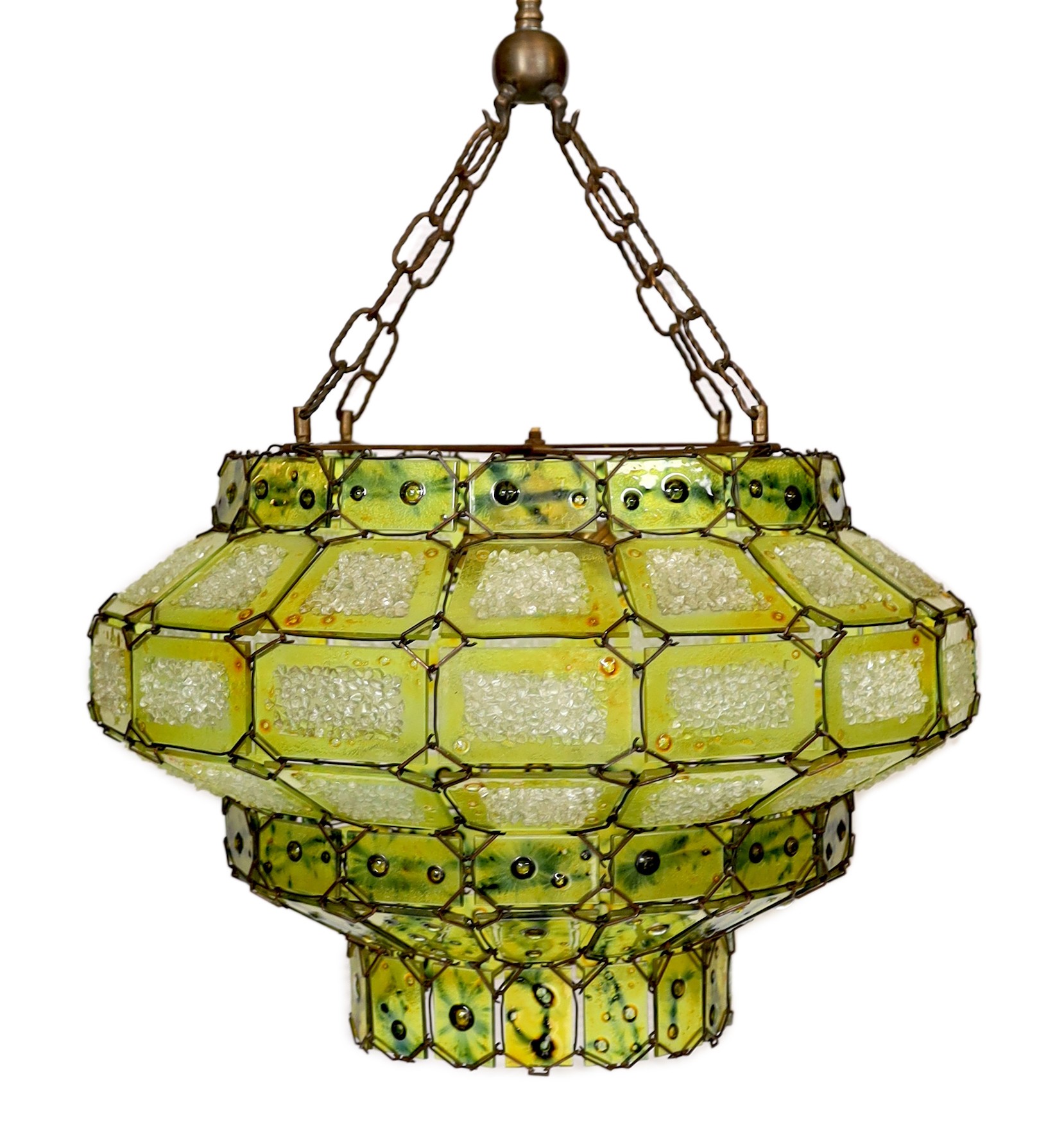 A 1930s Venetian panelled green glass light fitting with central light bulb holder, drop from rose 65cm. width 50 cm